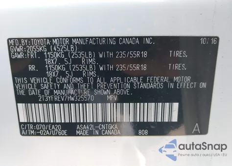 2017 Toyota Rav4 Platinum из США, поврежденный, VIN 2T3YFREV7HW325570